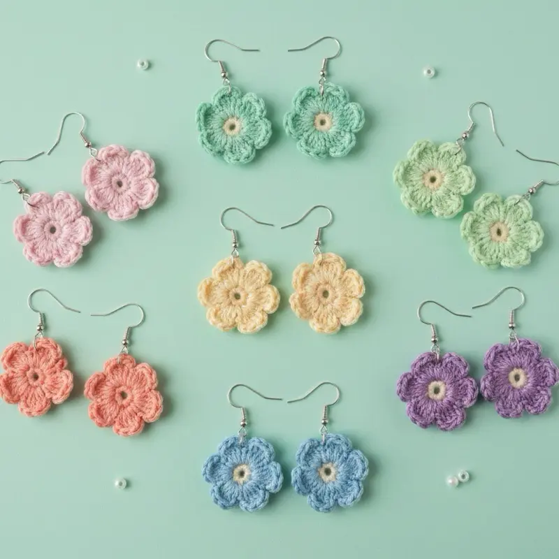 Women's Handmade Micro Crochet Flower Dangle Earrings - Non Tarnish Cottagecore Jewelry, Hypoallergenic Wood Gold Brass Earrings Set, Gift for Her