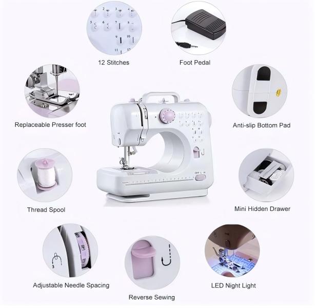 Mini Portable Sewing Machine | 12 Built-in Stitches | 2-Speed Foot Pedal | White | For Beginners Kids Home DIY | Multifunctional Hand Tool Accessory Mini Portable Sewing Machine | 12 Built-in Stitches | 2-Speed Foot Pedal | White | For Beginners Kids Home DIY | Multifunctional Hand Tool Accessory