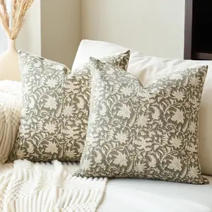 Floral Throw Pillow Covers 20x20 Farmhouse Block Print Pillow Covers Decorative Pillow Covers Couch Pillows for Living Room  Accent Sofa Pillows Set of 2, Olive Green