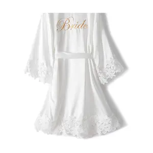 Bride Robe for Wedding Day Lace Bridal Bathrobe Kimono Robe Embroidery Silky Satin Bathrobe Wedding Party Sleepwear