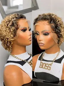 1B/27 Color Women's Short Curly Wave Human Hair Wig , 13x1 Lace Front Human Hair, Daily Casual Party Halloween Christmas Wig, 150% Density, Kinky Curly Wig