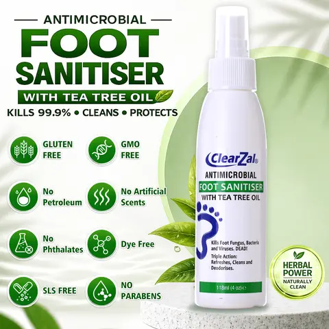 ClearZal Foot Deodorizing Spray with Tea Tree Oil & Aloe Vera, Foot Freshener for Shoes, Socks and Feet, Helps Control Foot Odor, Refreshing Daily Foot Care Spray,Foot Sanitizer Spray  4 oz