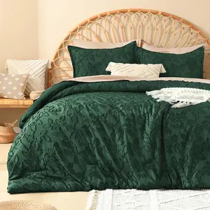 Size Comforter Set  Green, 3 count Dark Green Boho Tufted Bedding, Forest Green Fluffy Farmhouse Bed Set for  Season with 2 Leaf  Pillowcases104x90In