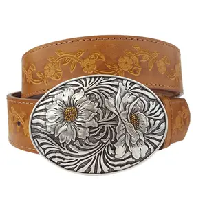 Western Sunflower Buckle with Vintage Floral Tooled Belt — Two-Tone Silver & Gold