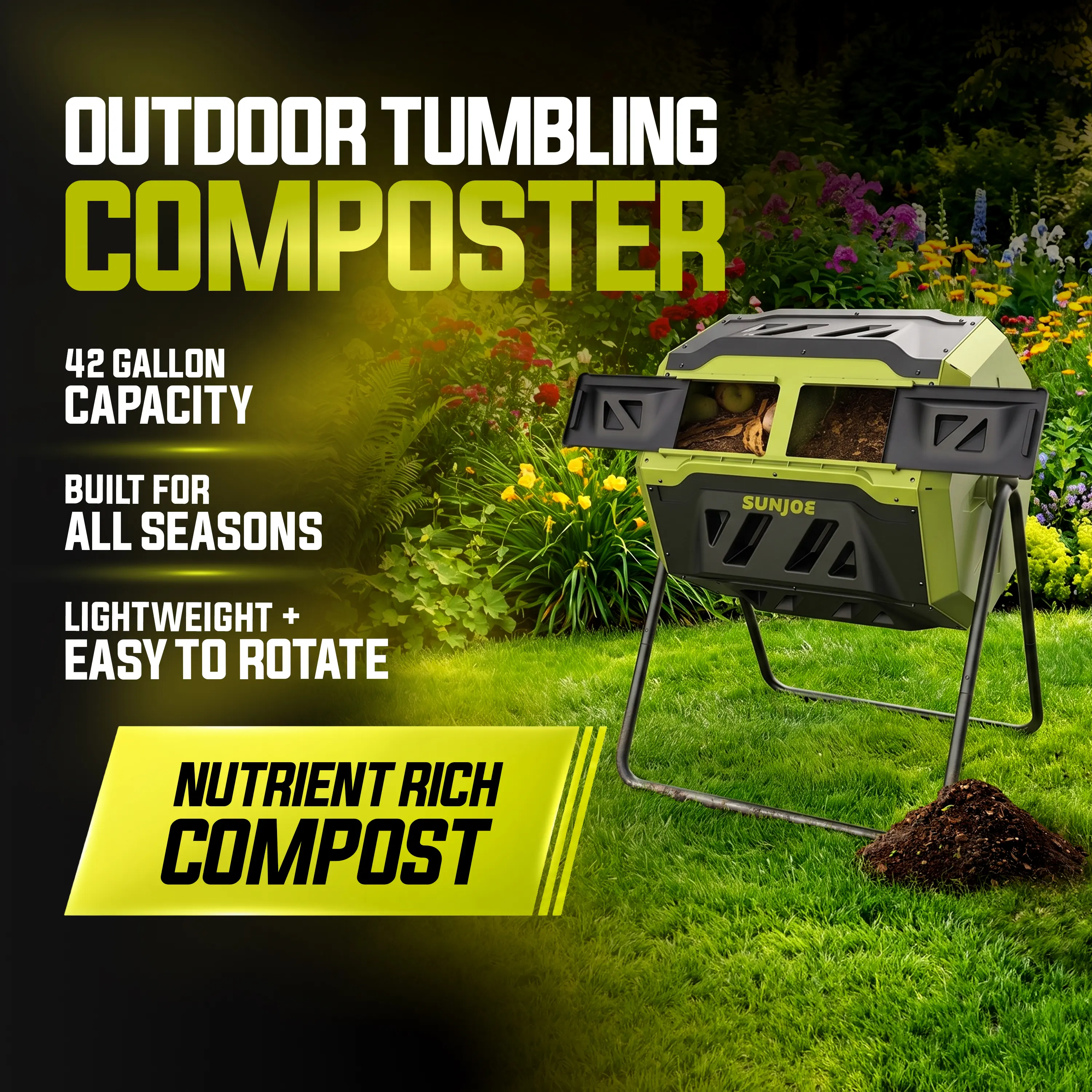 Sun Joe All-Season Outdoor Tumbling Composter | Dual Sliding Chamber | 42-Gallon | 2-10 Weeks
