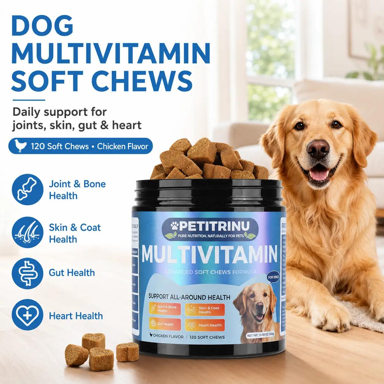 PETITRINU Dog Multivitamin Soft Chews, 120 Count, Chicken Flavor Supplement with Probiotics, Glucosamine, Omega-3s, Biotin and CoQ10 for Joint, Skin, Coat, Gut and Heart Health Support, Dogs 12 Weeks+