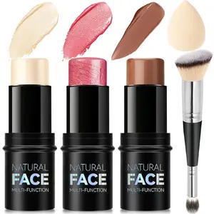 3Pcs Cream Contour Stick Makeup Kit, Shades with Highlighter Stick, Blush Stick and Bronzer Contour Stick for Sculpt the Cheeks, Long Lasting, Waterproof, Matte & Dewy Finish, FAIR(7+9+11)