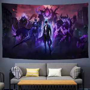 Solo Leveling Anime Tapestry, Sung Jin-Woo & Shadow Monarch Print Wall Hanging, Dark Fantasy Anime Decor for Bedroom Living Room