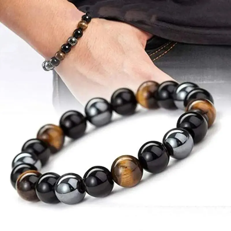 10mm Natural Gemstone Beads Stretch Bangle - Unisex Tiger Eye, Hematite, Black Obsidian Natural Crystal Bracelet with Elastic Core, Blocks EMF Chaos, for Energy Protection, Casual Daily Wear