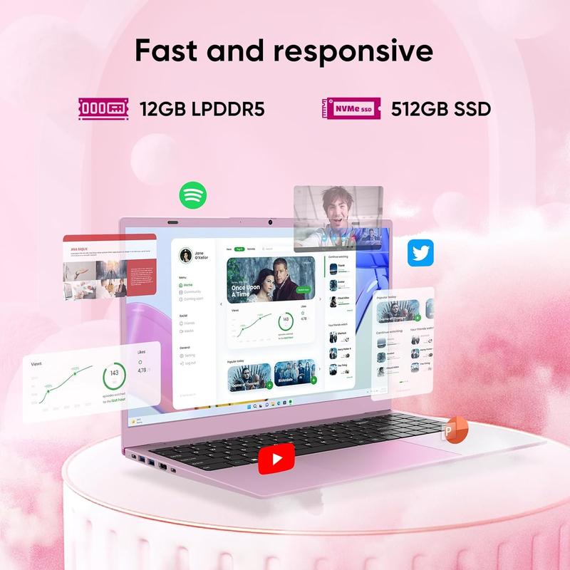15.6” Pink Laptop Intel N150 4-Core (Beats N95/N100) 12GB DDR5 512GB SSD 1080p IPS WiFi 6 BT5.2 5000mAh Large Capacity Battery Perfect for College & Travel Your Campus Essential