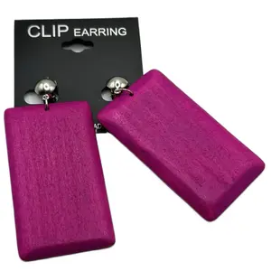 2.75” Clip On Rectangle Shape Wood Earring Bright Colors Ethnic Casual