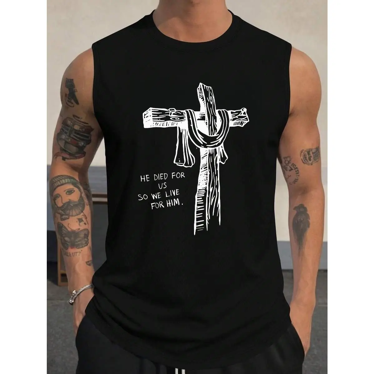 Men's Muscle Tank Top Cross And Scarf Design, He Died For Us So We Live For Him, Christian Statement Sleeveless Shirt for Church Events and Faith-Based Gatherings, Vintage Style Men's Vest, Crew Neck, Slight Stretch Fabric, Perfect for Adults