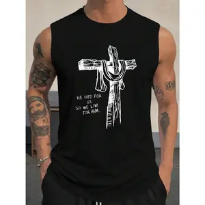 Men's Muscle Tank Top Cross And Scarf Design, He Died For Us So We Live For Him, Christian Statement Sleeveless Shirt for Church Events and Faith-Based Gatherings, Vintage Style Men's Vest, Crew Neck, Slight Stretch Fabric, Perfect for Adults
