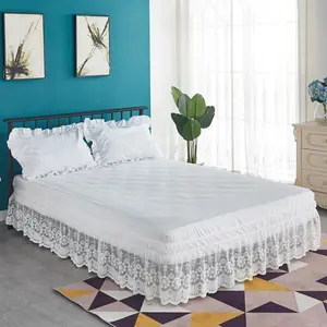 Wrap Around Ruffled Lace Bed Skirt 15 Inch Drop, Elastic Dust Ruffle Queen Bed, 3 Side Dorm Bed Frame Cover