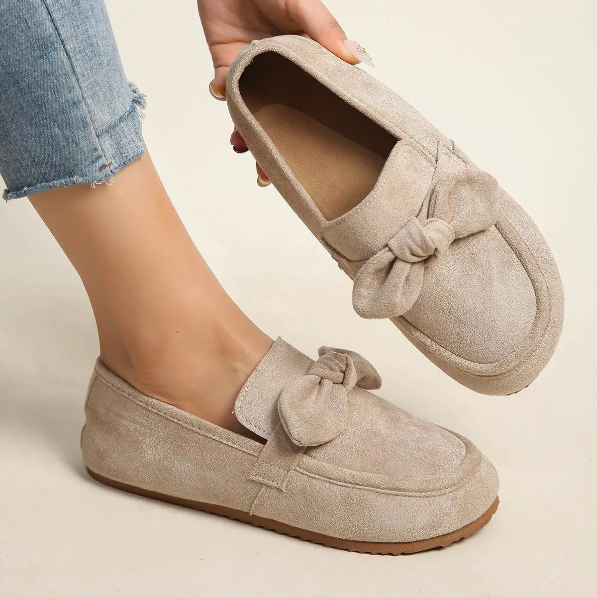 Women’s flat loafers with bow accent, versatile round-toe shoes, comfortable walking shoes, casual, comfortable, non-slip moccasins for everyday driving
