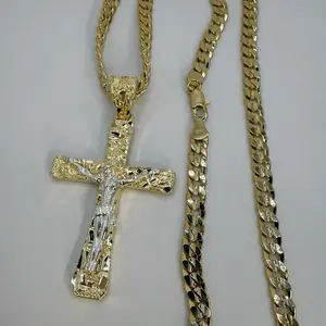 CROSS New Fashion Nugget Style 14k Gold-Plated 5mm Concave Chain 24 Inches Fancy Design Necklace with Cross Pendant for Statement Style