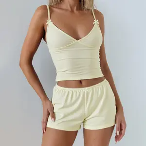 Adjustable Strap with Bow V Neck Cami Top & Lace Trim Shorts Two Piece Sets for Women's 2025 Fall New Slim Fit Outfit Suit Vacation Holiday Party Sports Casual Solid Color Matching Suit