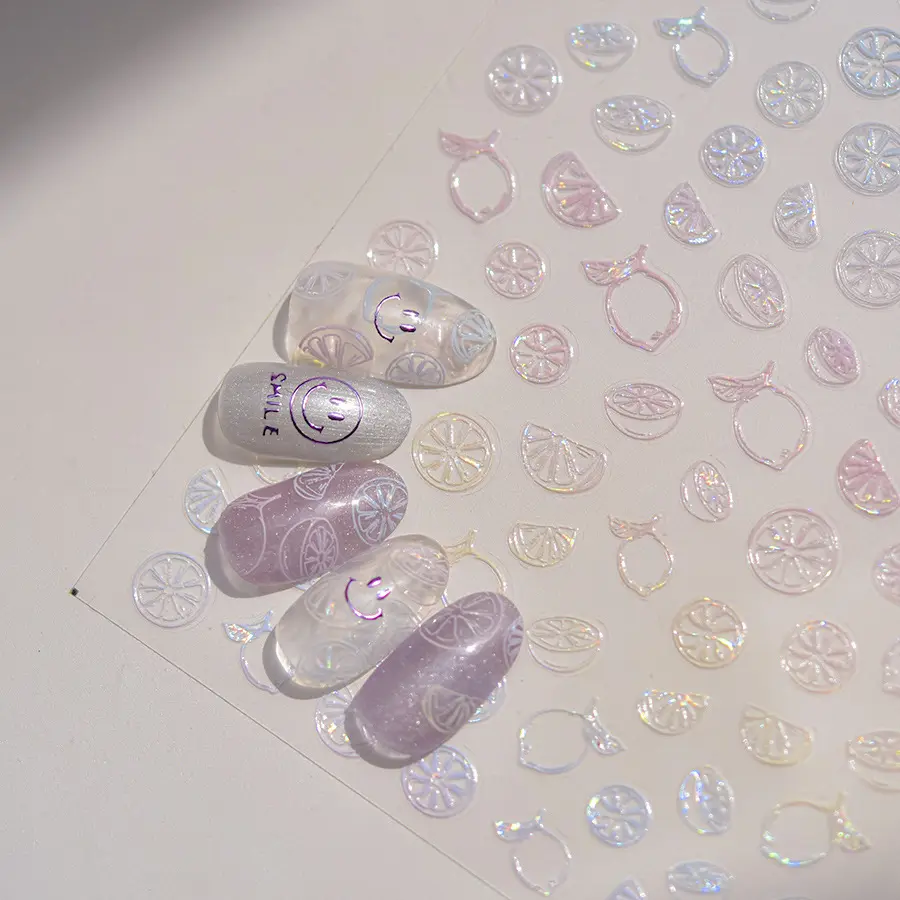 5D Iridescent Citrus Nail Stickers | Lemon & Orange Slice Nail Decals | Transparent Jelly Fruit Nail Art | Summer Korean Nail Design