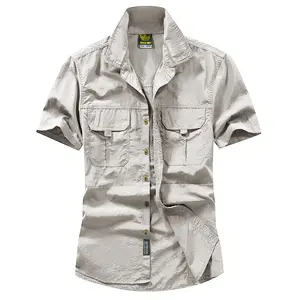 Men's Short-Sleeve Casual Button-Collared Dress Shirt - Plain, Stylish, Business-Untucked, Tropical, Pocketed, Ideal for Fishing, Casual Shirts