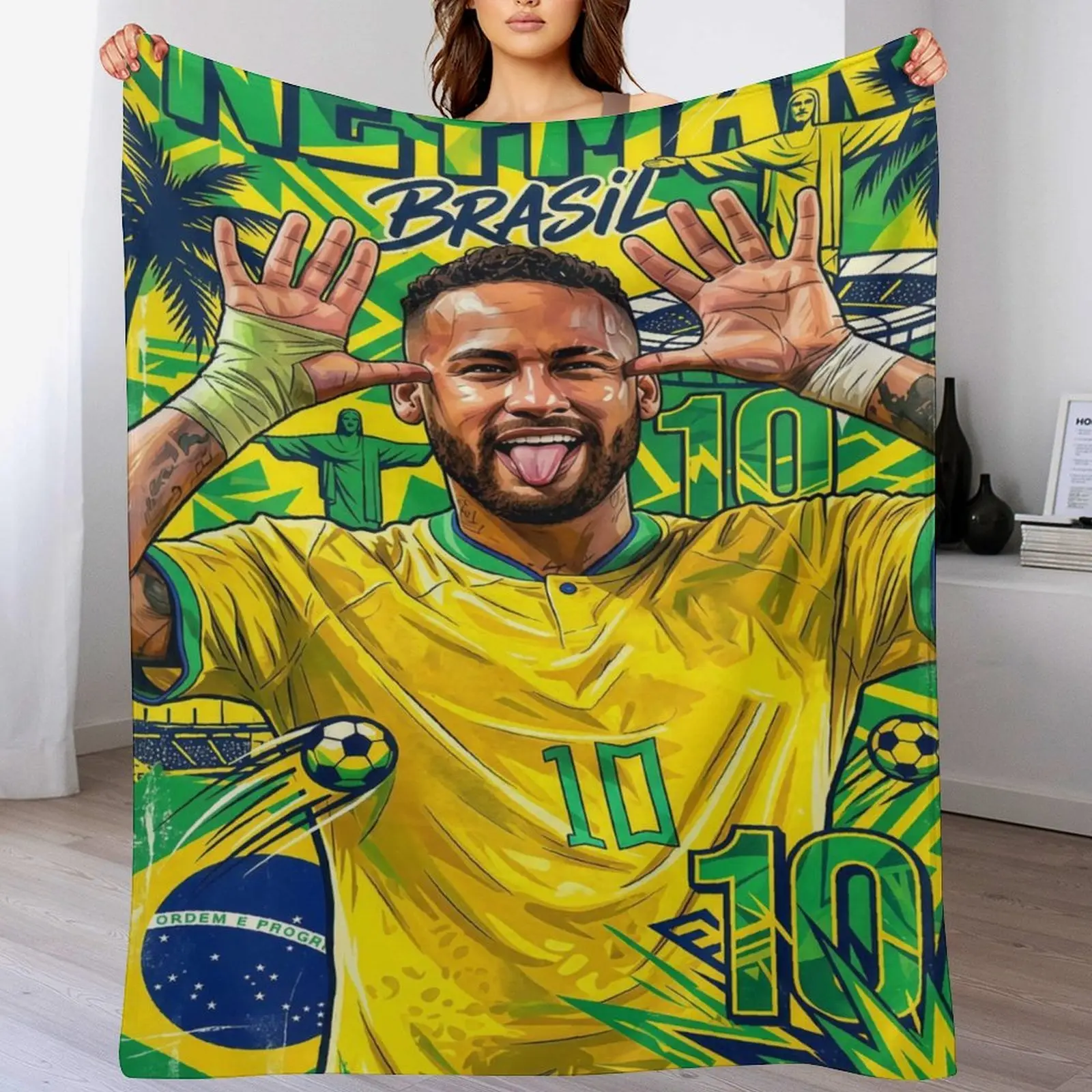 Brazilian Soccer Player Flannel Throw Blanket, Green Yellow Graffiti Sports Style Fleece Blanket, Soft Cozy Warm Blanket for Fans & Home Decor