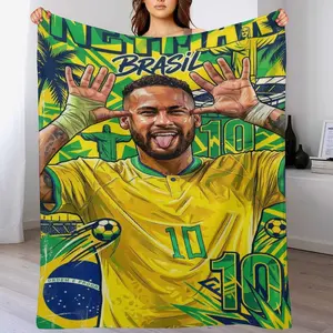 Brazilian Soccer Player Flannel Throw Blanket, Green Yellow Graffiti Sports Style Fleece Blanket, Soft Cozy Warm Blanket for Fans & Home Decor