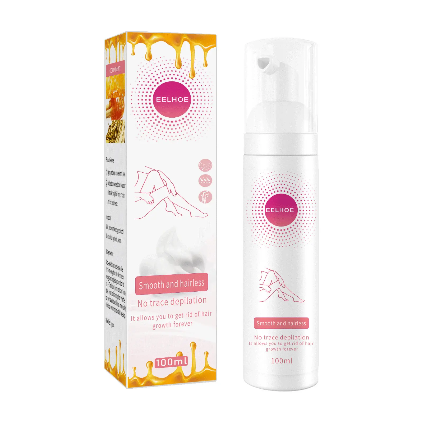 Honey mousse hair removal spray, moisturizing foam for armpit and leg hair, gentle and skin-friendly