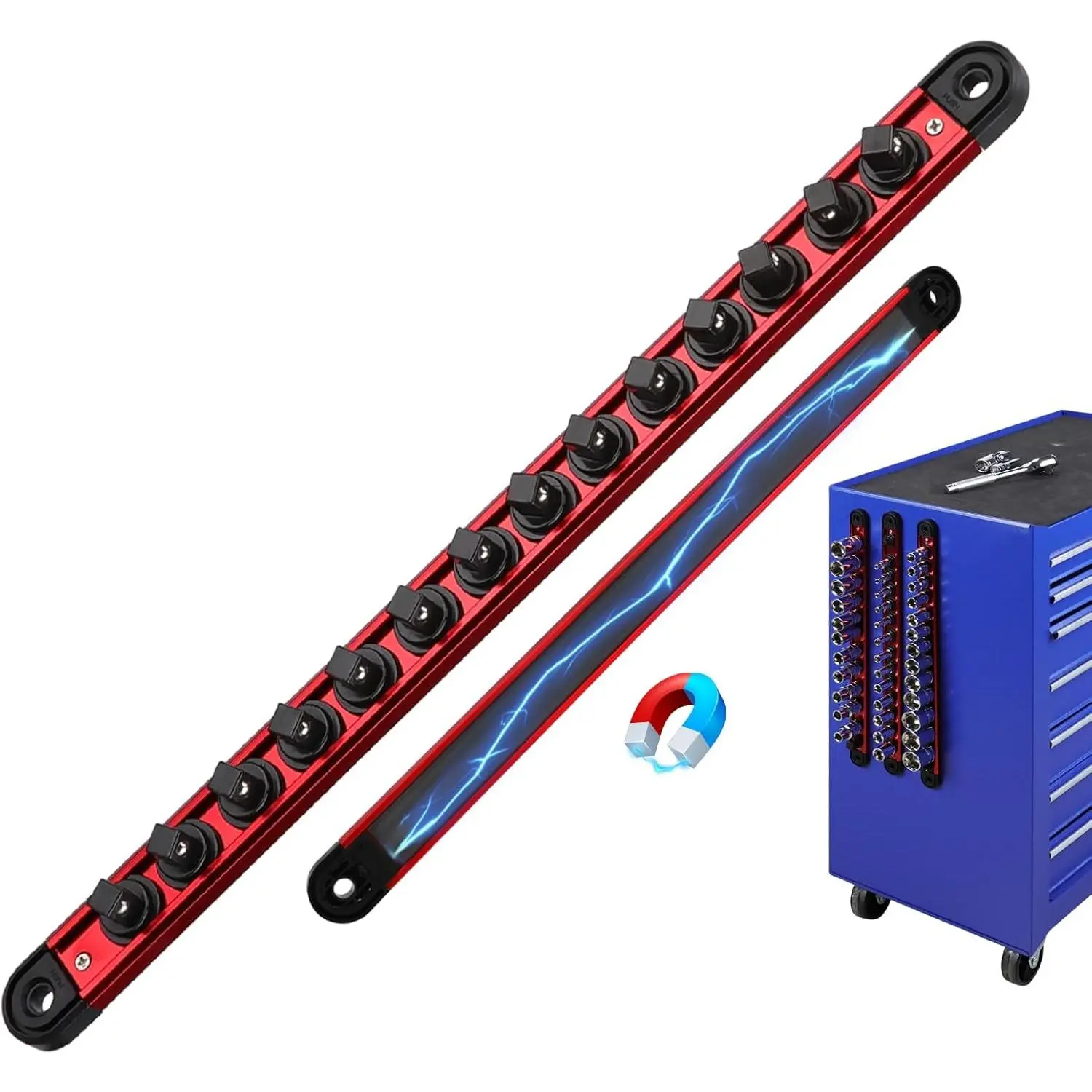 3/8-Inch Magnetic Socket Organizer Rail, Aluminum Alloy Socket Rail, Heavy Duty Sockets Holder with 14 Clips, 360 °   Swivel Clip Tool Tray, Sockets Organizer for Tool Box Drawer (Red)