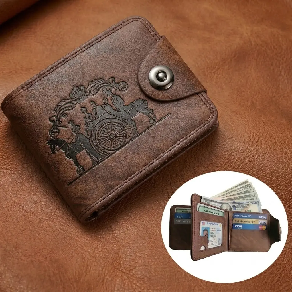 Men's Vintage Bifold Wallet, Leather Wallet with Multiple Card Slots, ID Window, Snap Closure & Cash Holder