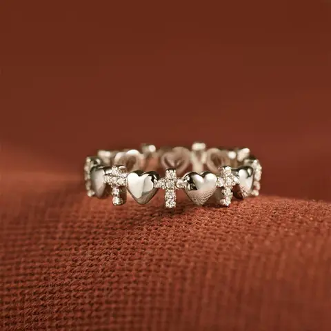 Rhinestone Decorated Cross & Heart Design Ring, Heart Shaped Ring, Princess Ring, Stackable Ring, Stackable Finger Rings, Beautiful Rings, Fashion Accessories for Women, Trendy All-match & Exquisite Jewelry for Birthday Gift