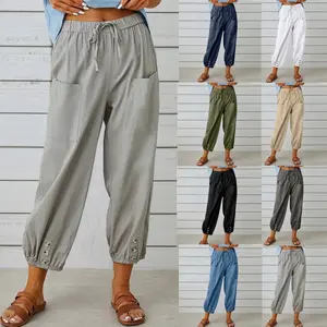 Summer loose-fitting high-waisted buttoned cotton-linen cropped wide-leg women's pants