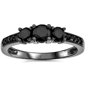 1 1/5ct Heat Treated Black Diamond 3 Stone Ring 10K Black Gold