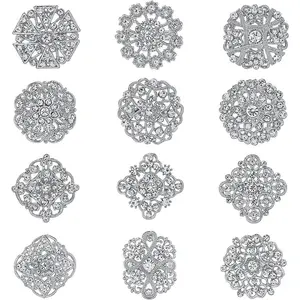 Lot 12 count Assorted  Rhinestone Flower Brooch Pin Set for Women DIY Bridal Wedding Bouquet Kit