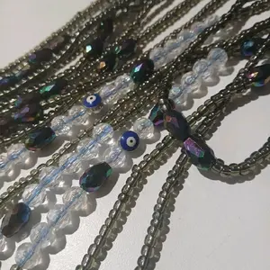 Grey Glitz Evil Eye Waistbeads with Iridescent Beads and Blue Evil Eye Charms for Stylish Accessory