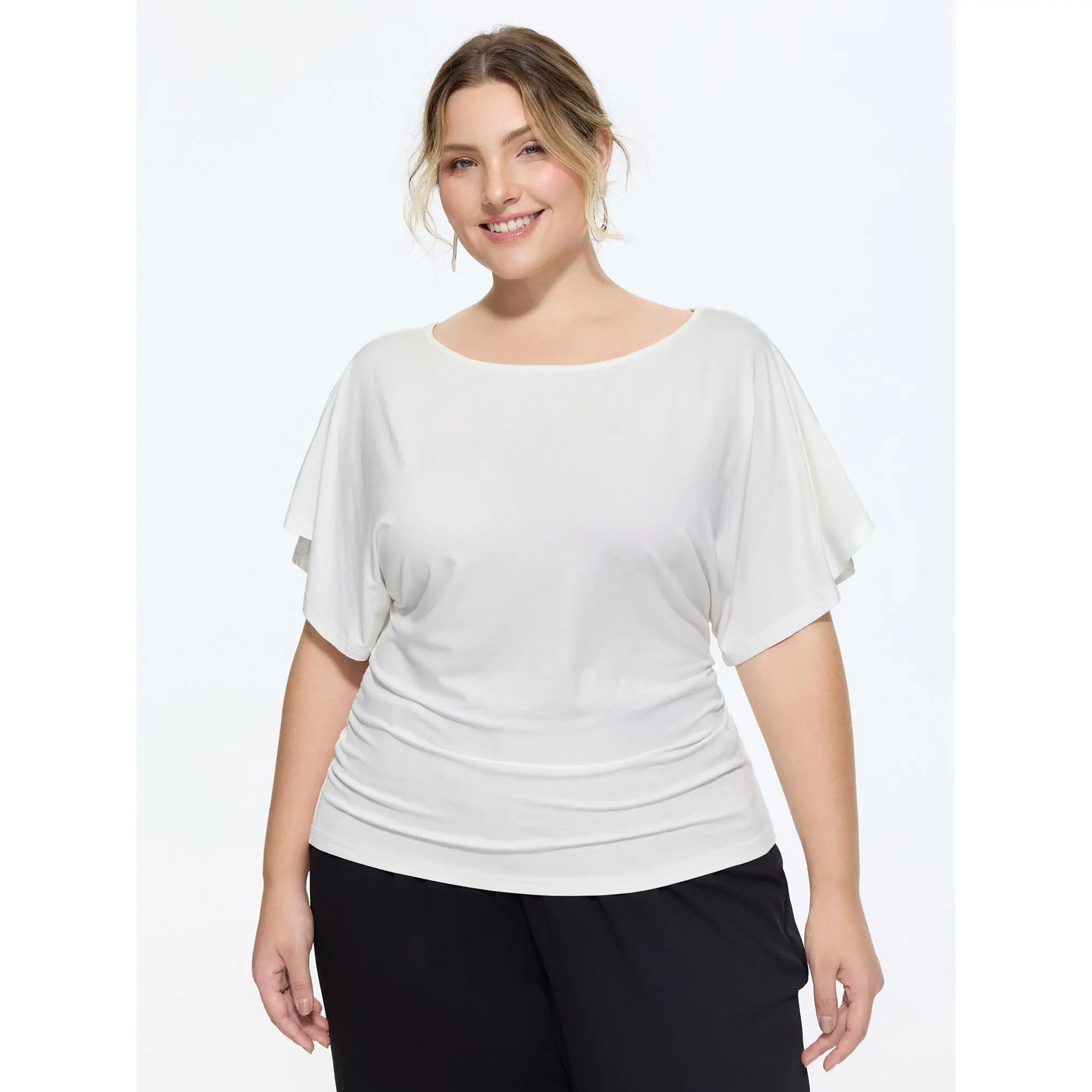 BloomChic Plus Size Ruched T-Shirt, Casual Solid Rayon Spandex with Dolman Sleeves and an Adjustable Lace-Up Waist Tie, Garment, Shortsleeve, Top, Tshirt, Women, Fabric, Fit, Lady, Basic, Short Sleeves, Round Neck, Do Not Tumble Dry, Machine Washable