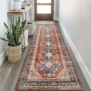 Boho Style Geometric Pattern Runner Rug, Non-slip Washable Floor Mat, Decorative Carpet for Home Living Room Bedroom Kitchen Entry Way