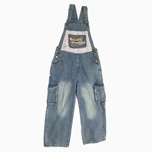 Women's Retro Patchwork Denim Overalls - Wide Leg Baggy Fit Jeans with Cargo Pockets, Adjustable Straps Casual Streetwear Pants for Daily Wear