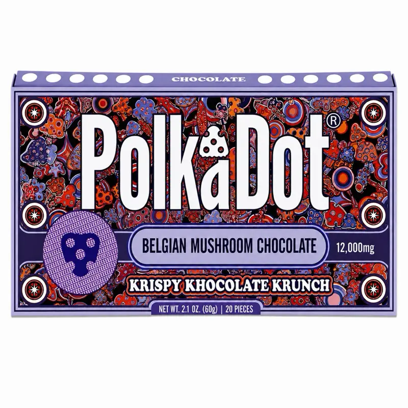 Polkadot Belgian Chocolate, Krispy Chocolate Krunch, 20 Count, High Potency Plant-based Mushroom Snack, 100% Organic, High-Quality Ingredients, Made in USA, All Natural, Healthy Chocolate, 20 Piece Chocolate Bar