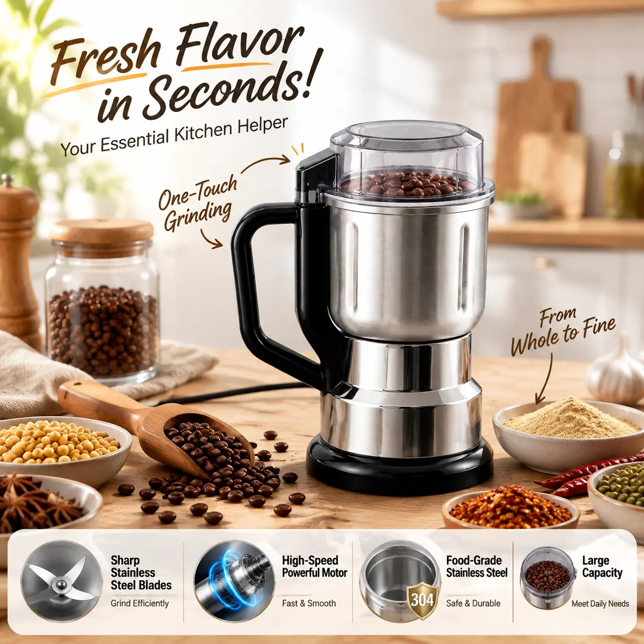 Springtok 300W Electric Coffee Grinder, Stainless Steel Blade Coffee Mill for Coffee Beans, Spices & Nuts, Kitchen Grinding Tool for Home Use