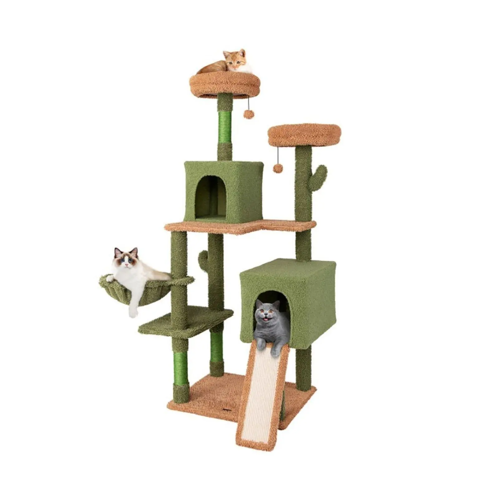 Cactus Cat Tree with Scratching Posts, Double Condo & Toys - 63" Multi-Level Cat Tower for Indoor Cats, Kitten Climbing Tree with Ladder & Perch Green Multi-level Cactus Cat Tree with Double Condos