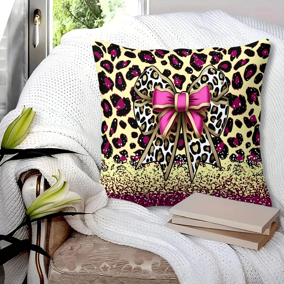 Pink Bow Leopard Print Throw Pillow, Soft Decorative Cushion with Glitter Leopard Pattern, Comfort Square Pillow for Bedroom Sofa Couch Vanity Room Dorm, Perfect Coquette Y2K Home Decor Gift for Teen Girls & Women