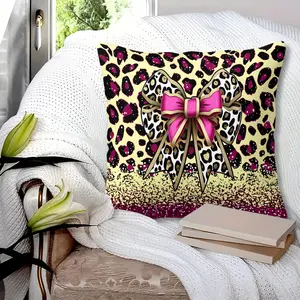 Pink Bow Leopard Print Throw Pillow, Soft Decorative Cushion with Glitter Leopard Pattern, Comfort Square Pillow for Bedroom Sofa Couch Vanity Room Dorm, Perfect Coquette Y2K Home Decor Gift for Teen Girls & Women