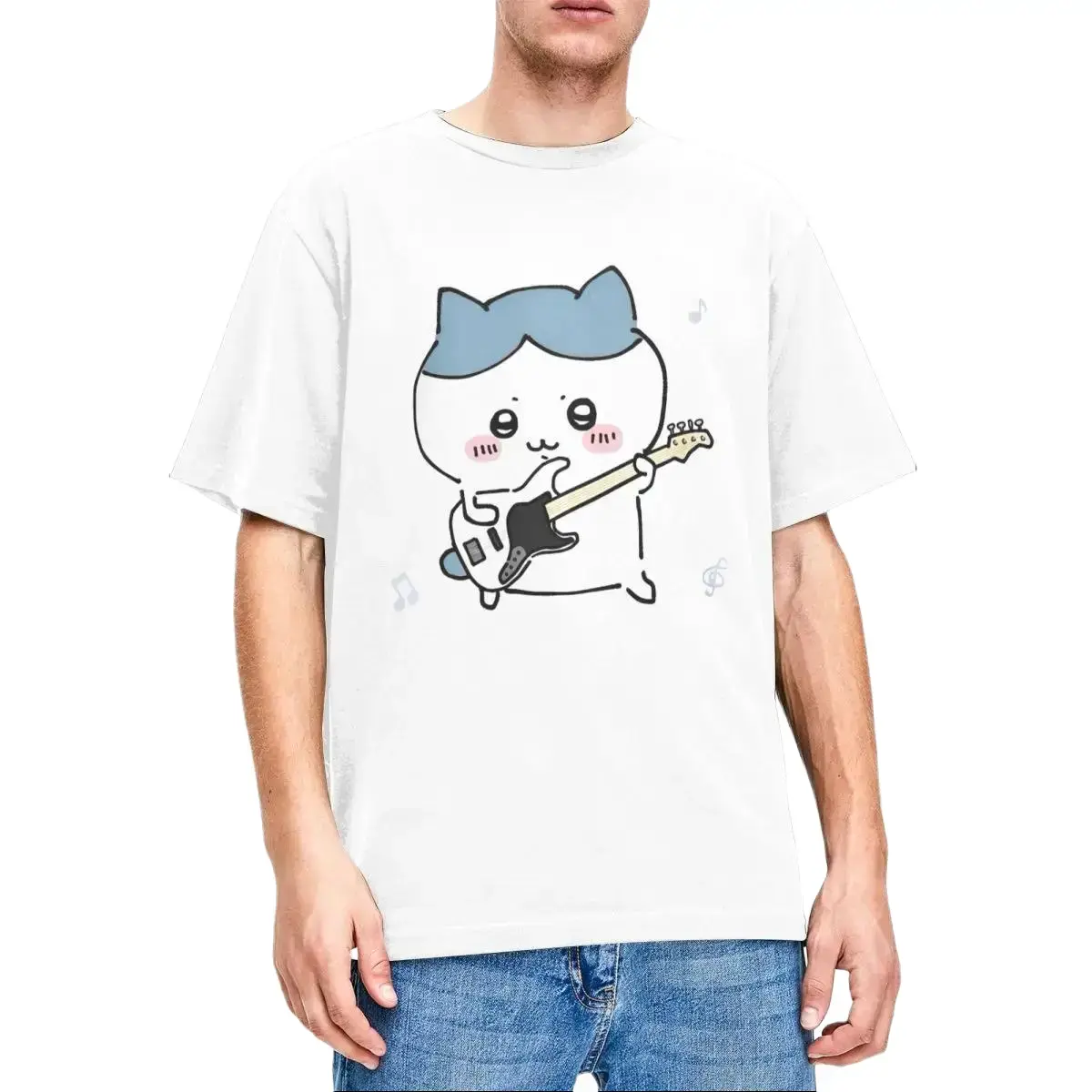 Chiikawa Hachiware Play Guitar T-Shirt Beach Awesome T Shirts Harajuku Tshirt For Men's Short Sleeve Printed Tees,Unisex Crewneck T-shirt for Men And Women, Adult funny T-shirt, Gift for Woman and Man