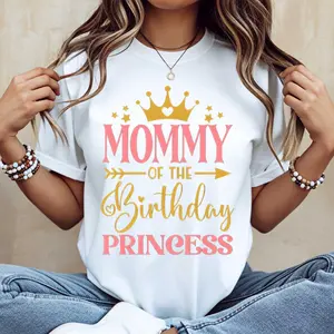 Mommy Of The Birthday Princess Crown Print T Shirt White Casual Loose Fit Women's Top For Mother Day Birthday Celebration