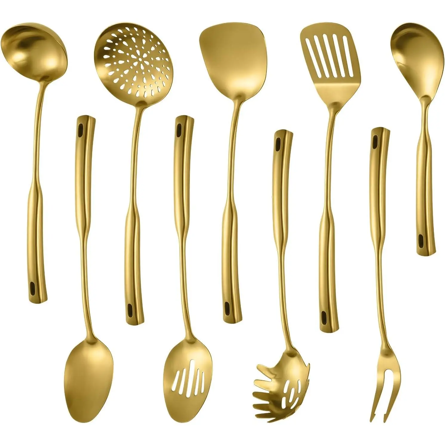304 Stainless Steel Kitchen Cooking Utensils Set - 9 count Serving Utensils, Include Skimmer, Soup Ladle, Spaghetti Server, Wok Spatula, Slotted & Solid Spoon, Slotted Spatula Turner, Meat Fork ()
