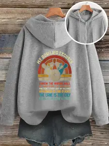Autumn Winter Hooded Zipper Sweatshirt, Vintage Bowling Ball Print Casual Top, Women's Fitted Graphic Pullover for Daily Wear