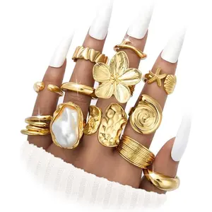 12 PCS Chunky Gold Rings for Women Non Tarnish Statement Flower Ring, 14K Gold Plated Stackable Open Stacking Rings, Big Knuckle Trendy Ring Set Jewelry Gift