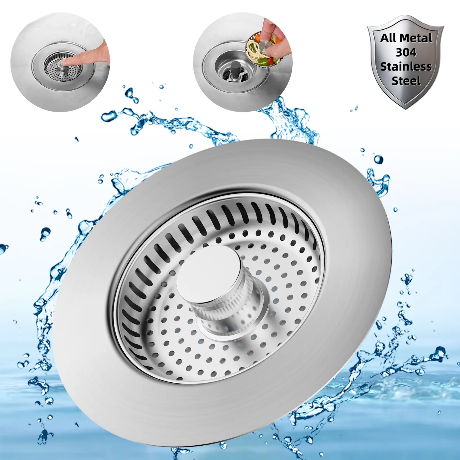 Hibbent 3-in-1 Universal Sink Stopper & Kitchen Drain Strainer Combo - Chrome Stainless Steel Wrapped Shell, Foldable Handle Basket for 3.5" US Standard Drains, Clogging Prevention, Smell Isolation, Kitchen Waste Filtration, Cleaning