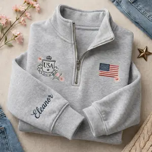 (Leave a note) Custom USA Crest Floral Embroidered Quarter Zip, Personalized American Flag Embroidery Shirt, Patriotic Cottagecore Pullover Women Gift