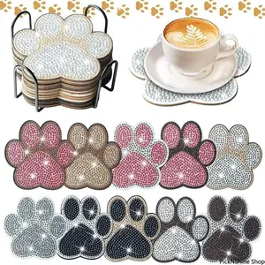 10 Irregular Dog Claw Patterned Artificial Diamond Painting Coasters With Stand, Diy Crystal Diamond Art Wooden Coasters For Adults, Decorative Table Mats For Office Home Coffee Table, Handmade Crafts And Practical Daily Supplies Gift