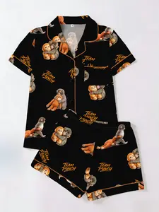 Women's Short Sleeve Shorts Cardigan Pajama Set, Bottom Monkey Punch Cute Monkey Letter Full Print, Casual Everyday Home Wear Loungewear Homewear